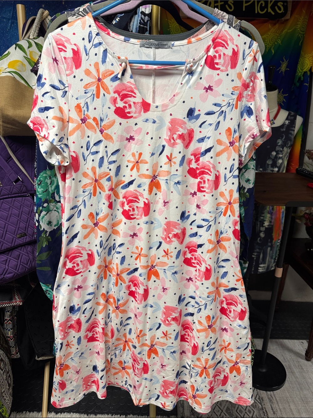 Arianna White Floral Short-Sleeve Dress with Pink & Orange Blooms
